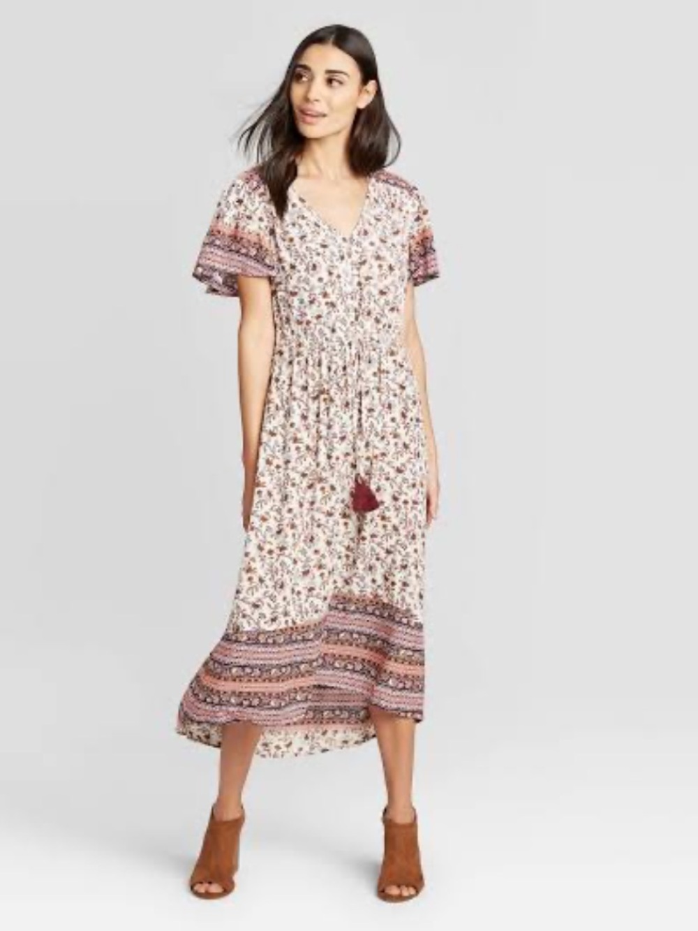 Knox Rose| White with Pink & Brown Boho Floral Midi Dress with Tassel Tie Size M
